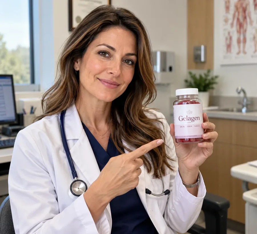 Doctor holding a bottle of Gelagen gummies, illustrating supplement safety